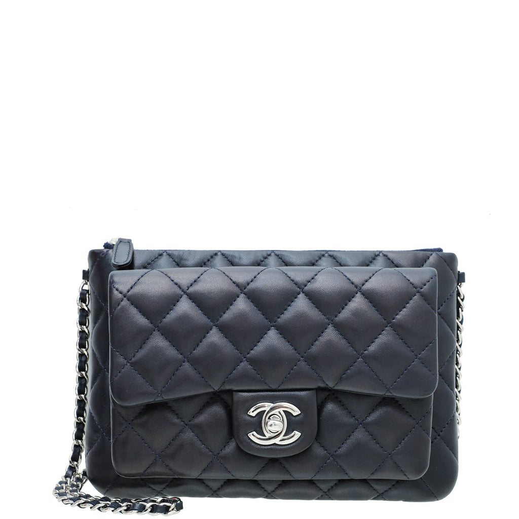 Chanel Navy Blue CC Front Pocket Chain Clutch