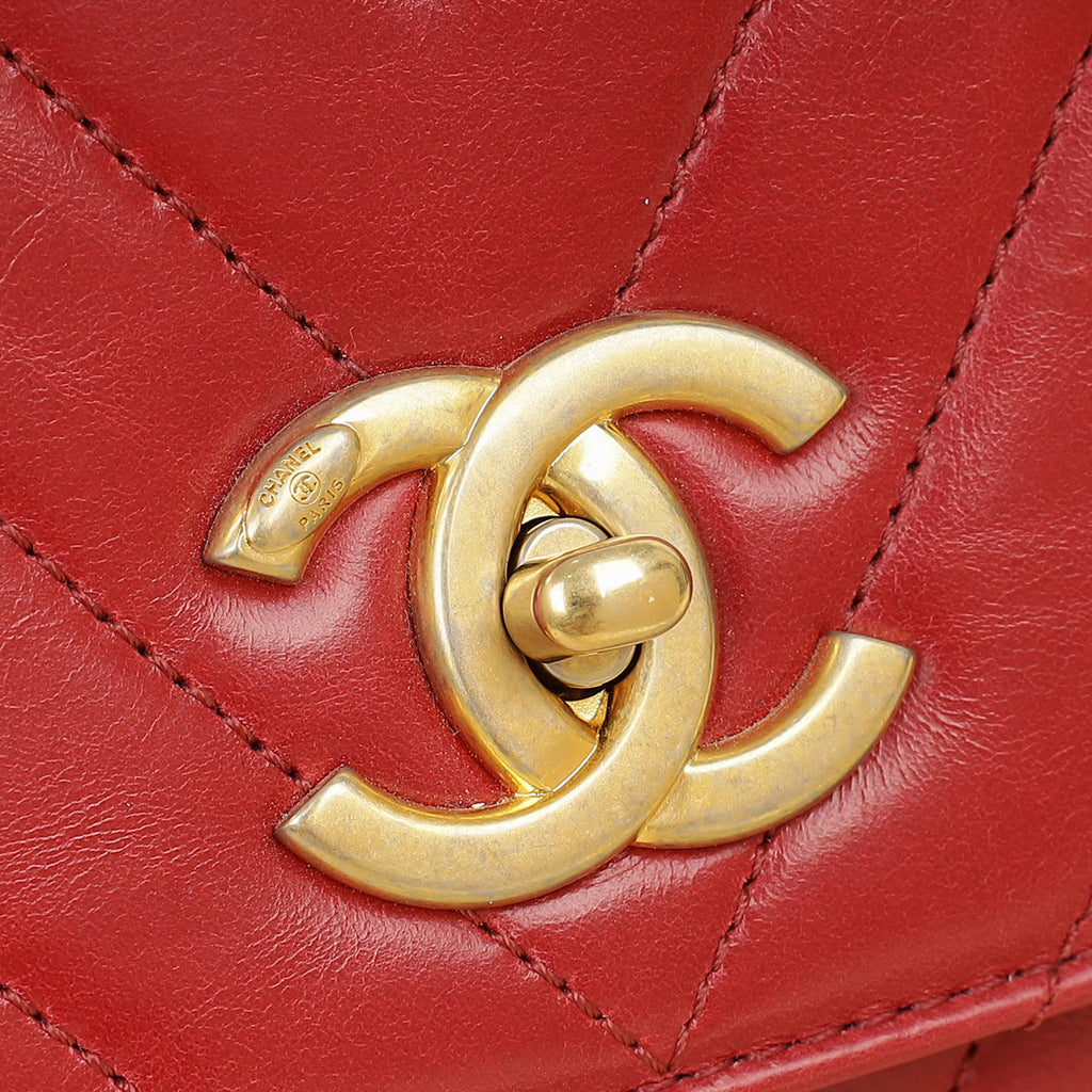 Chanel Red CC Coco Handle Chevron Flap Bag