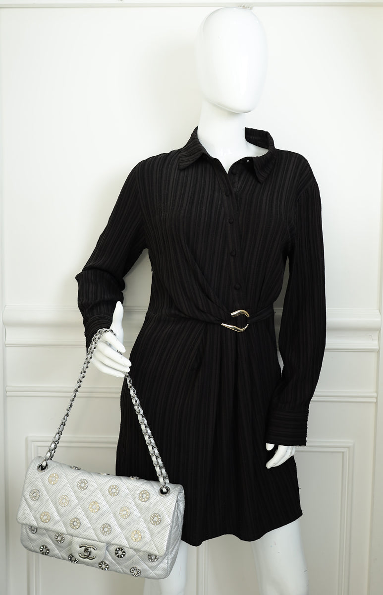 Chanel Silver CC Perforated Paris-Dubai Medal Single Flap Bag