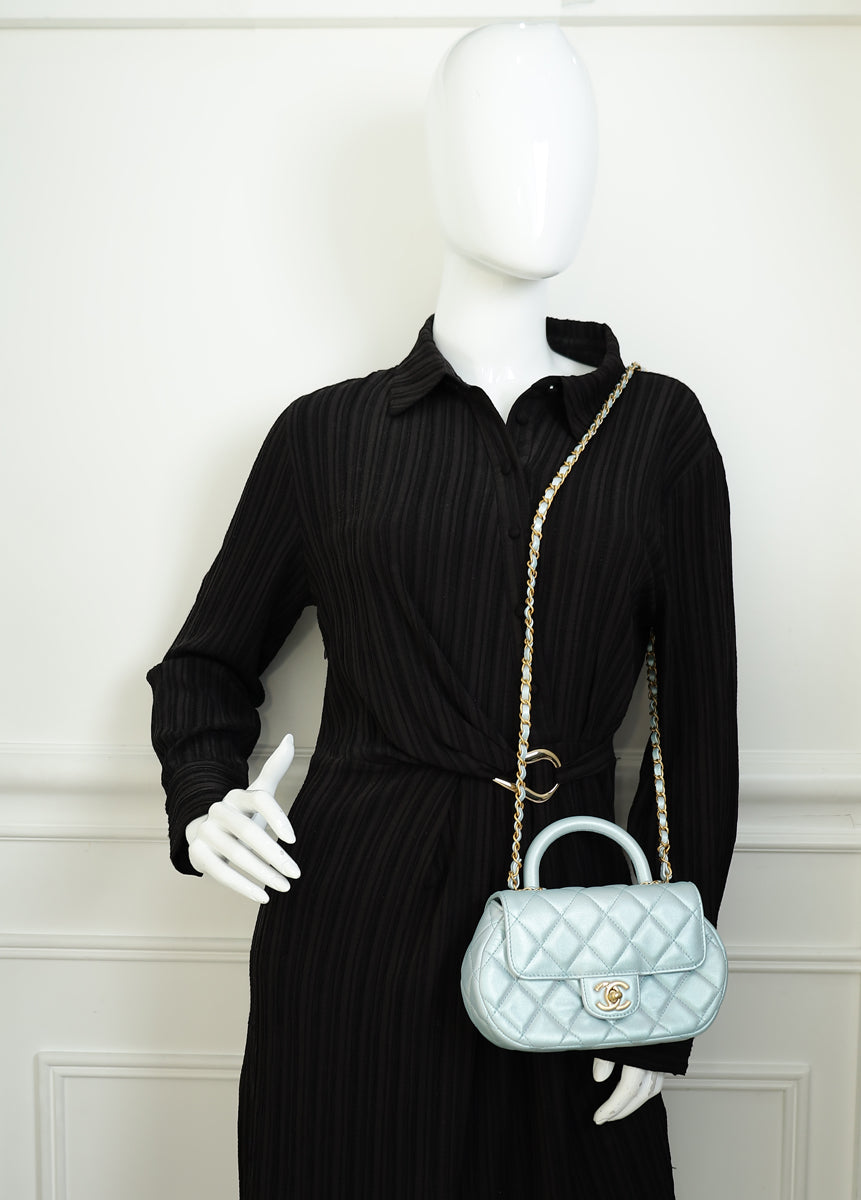 Chanel Pearl Light Blue CC Top Handle Small Flap Chain Bag