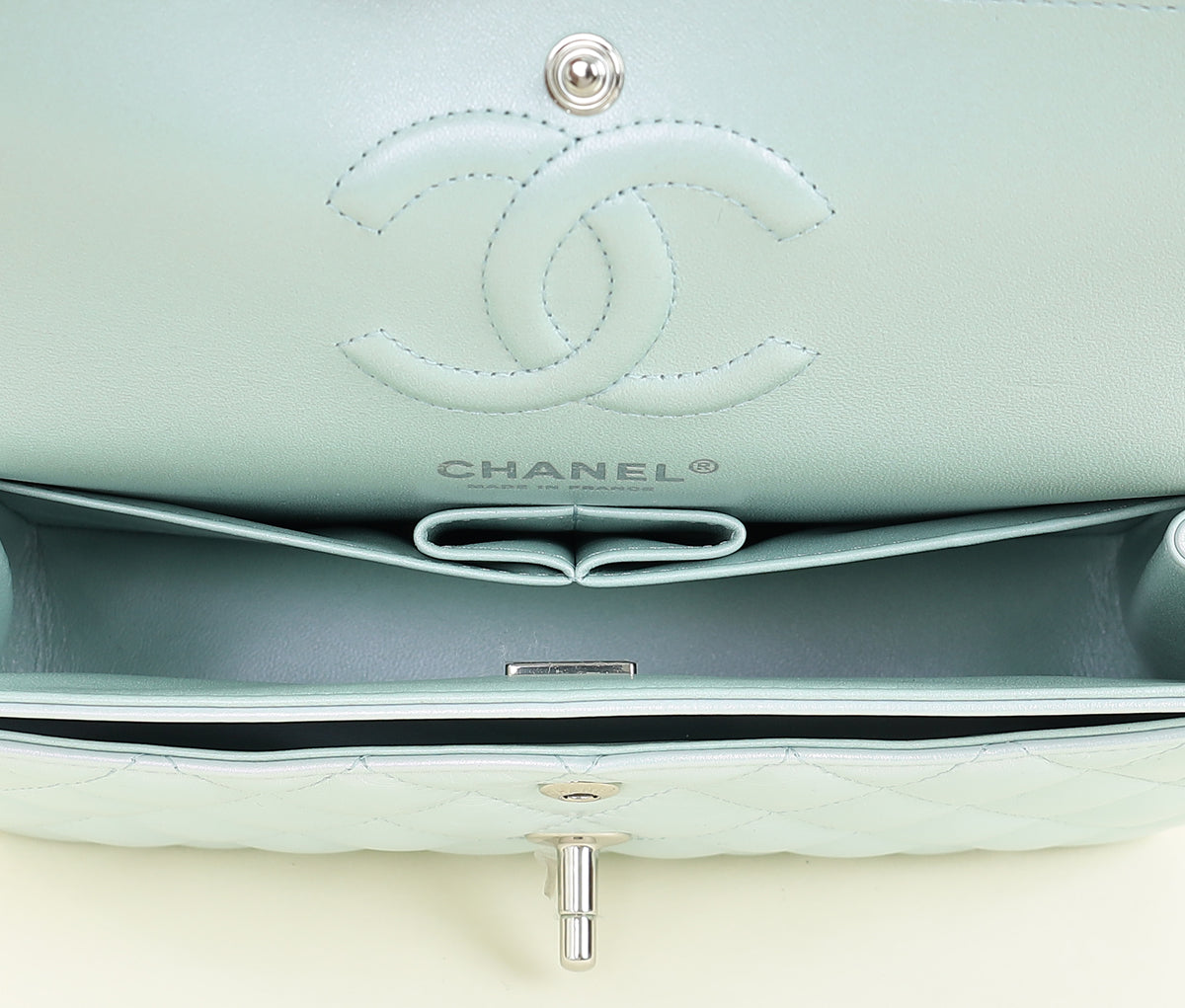 Chanel Metallic Pearl Blue CC Classic Double Flap Small Bag