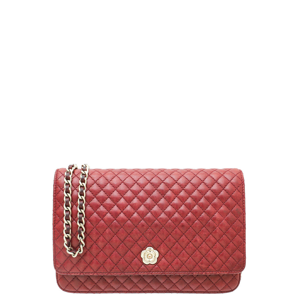 Chanel Red Micro Quilt Camellia Wallet on Chain