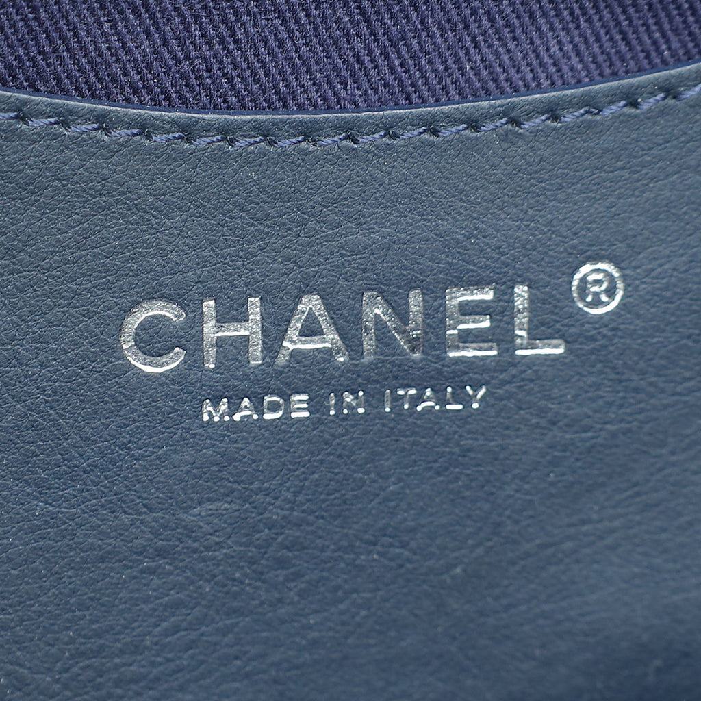 Chanel Navy Blue CC Denim Camellia Flower Embroidered Maxi Flap Bag