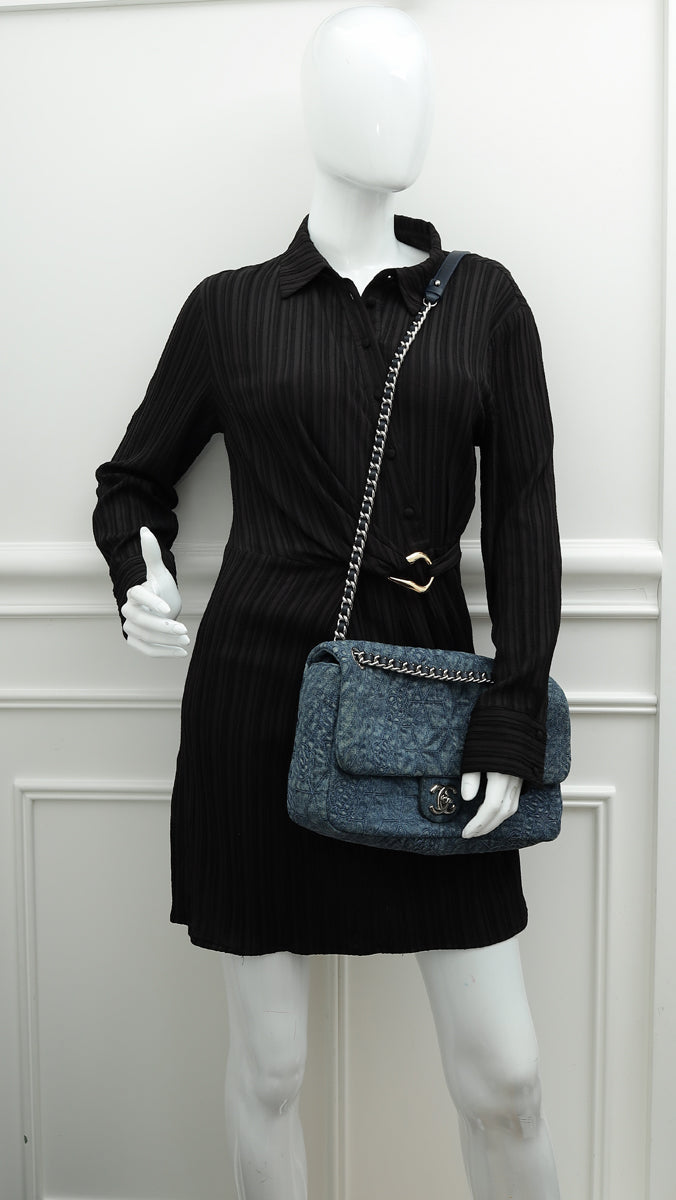 Chanel Navy Blue CC Denim Camellia Flower Embroidered Maxi Flap Bag