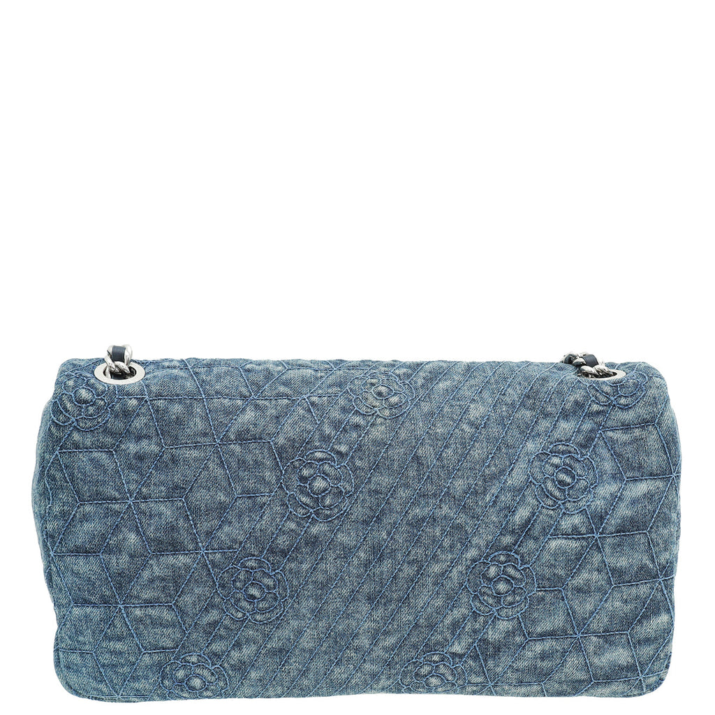 Chanel Navy Blue CC Denim Camellia Flower Embroidered Maxi Flap Bag