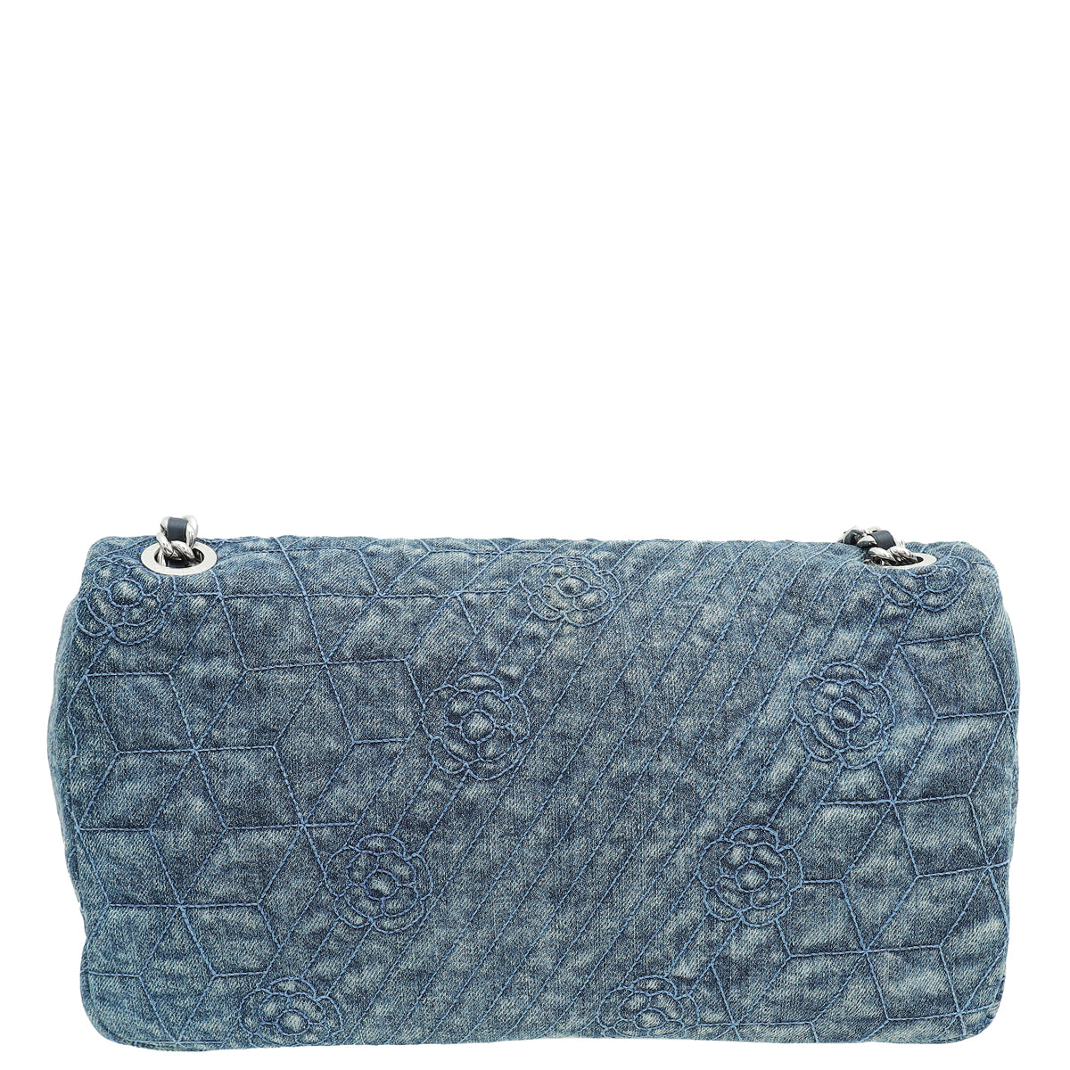 Chanel Navy Blue CC Denim Camellia Flower Embroidered Maxi Flap Bag