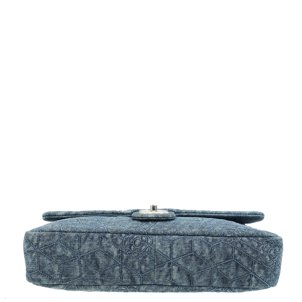 Chanel Navy Blue CC Denim Camellia Flower Embroidered Maxi Flap Bag