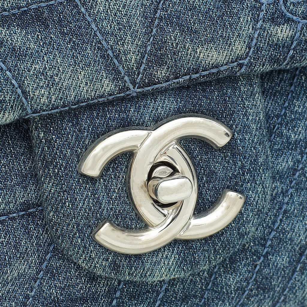 Chanel Navy Blue CC Denim Camellia Flower Embroidered Maxi Flap Bag