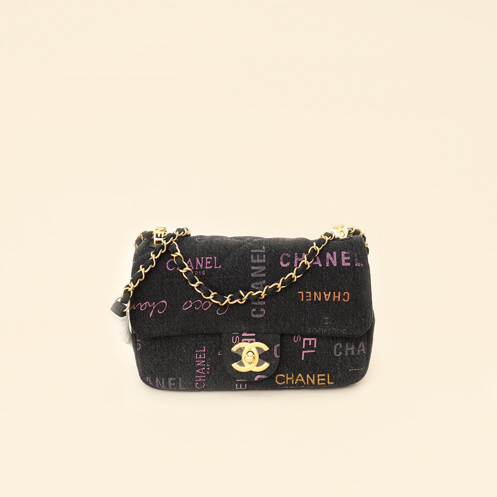 Chanel Black Multicolor CC Denim Logo Print Flap Bag