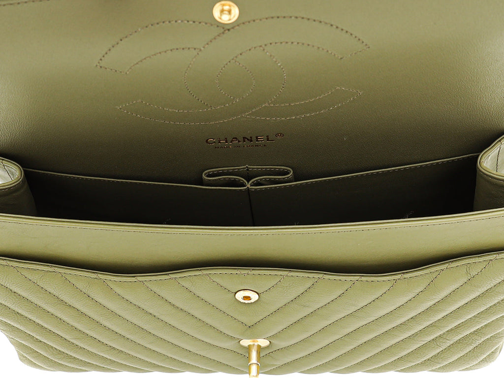 Chanel Olive Green Chevron Classic Double Flap Jumbo Bag