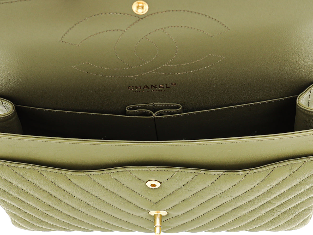 Chanel Olive Green Chevron Classic Double Flap Jumbo Bag