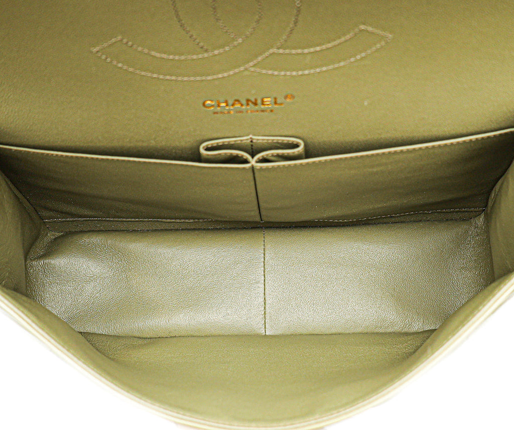 Chanel Olive Green Chevron Classic Double Flap Jumbo Bag