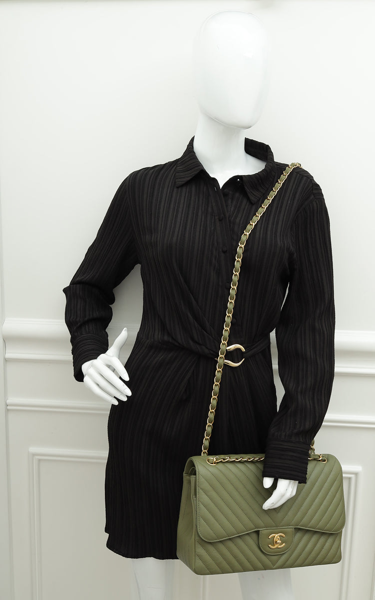 Chanel Olive Green Chevron Classic Double Flap Jumbo Bag
