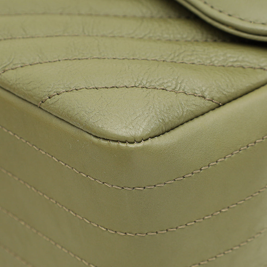 Chanel Olive Green Chevron Classic Double Flap Jumbo Bag