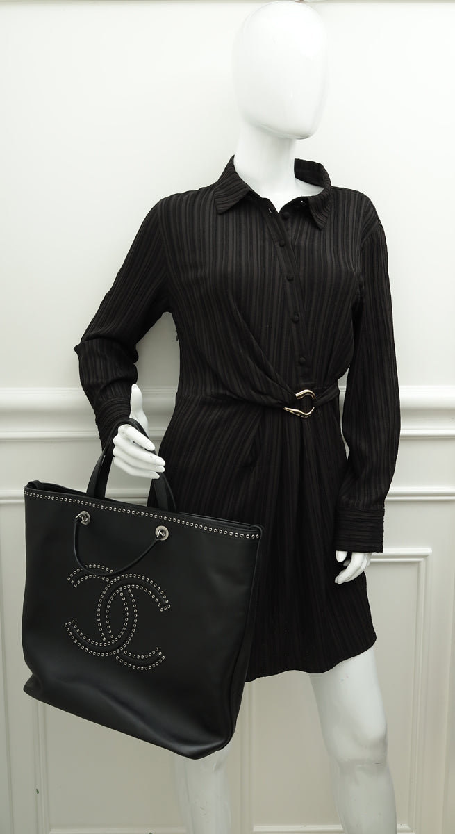 Chanel Black Coco Eyelets Shopping Tote Bag