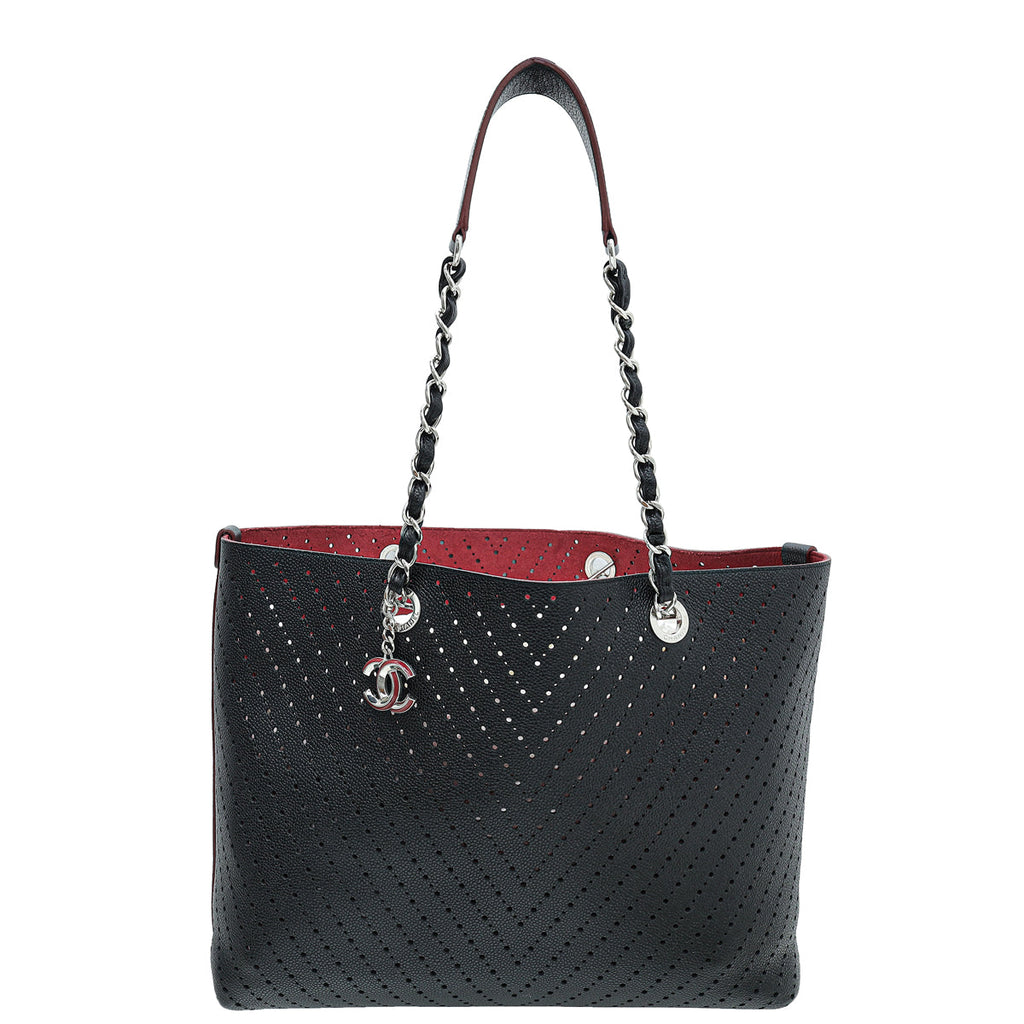Chanel Black CC Perforated Large Shopping Tote Bag