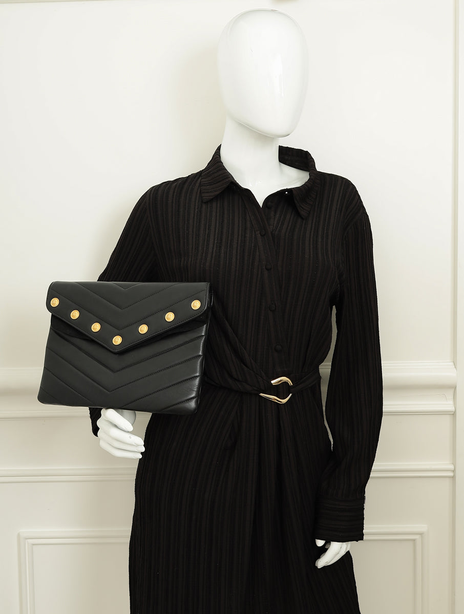 Chanel Black CC Button Chevron Flap Clutch