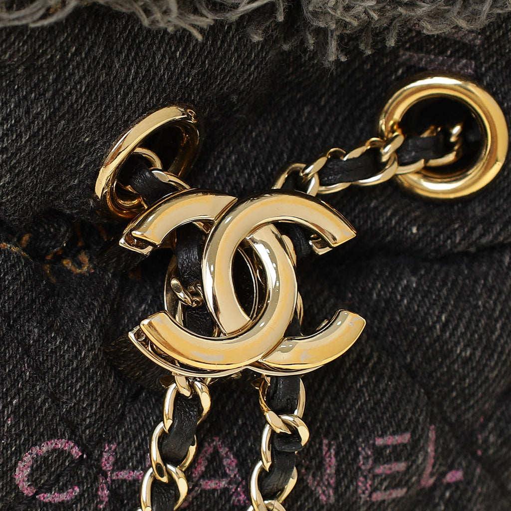 Chanel Black Multicolor CC Denim Quilted Mood Mini Bucket Bag With Chain
