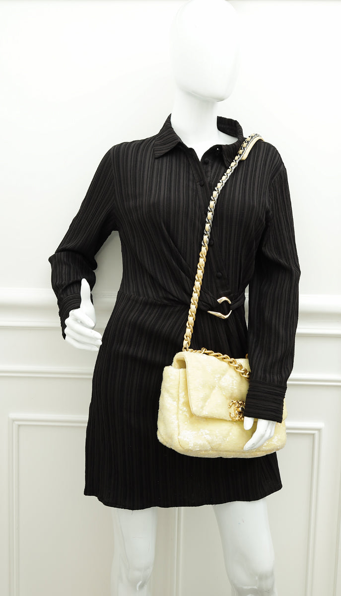Chanel Light Yellow CC 19 Sequins Small Flap Bag