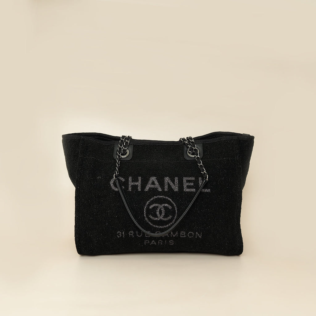 Chanel Black CC Deauville Tote Lurex Boucle Medium Bag