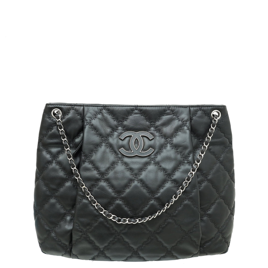Chanel Black CC Double Stitch Hamptons Large Shopping Tote Bag