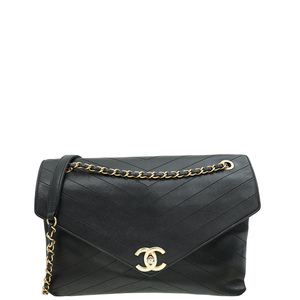 Chanel Black CC Chevron Stitched Large Envelope Flap Bag