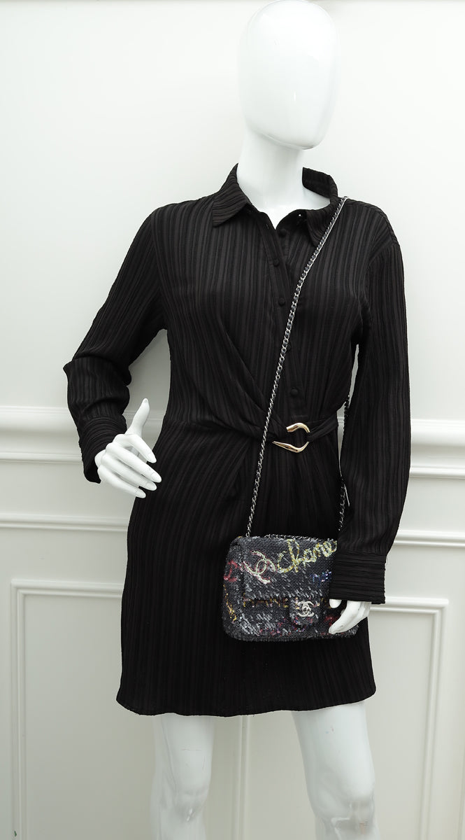 Chanel Grey Multicolor Logo CC Sequins Small Flap Evening Bag