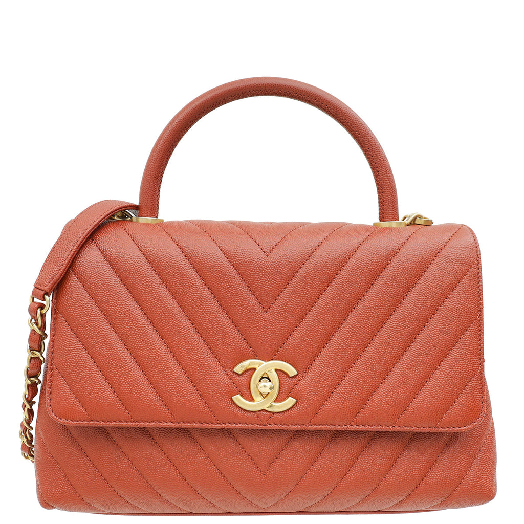 Chanel Rust Orange Chevron Coco Handle Bag