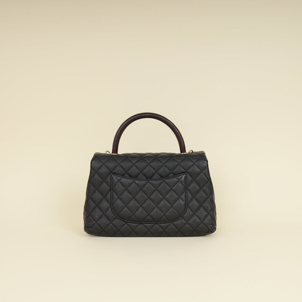 Chanel Black CC Coco Handle Caviar Bag with Lizard Handle