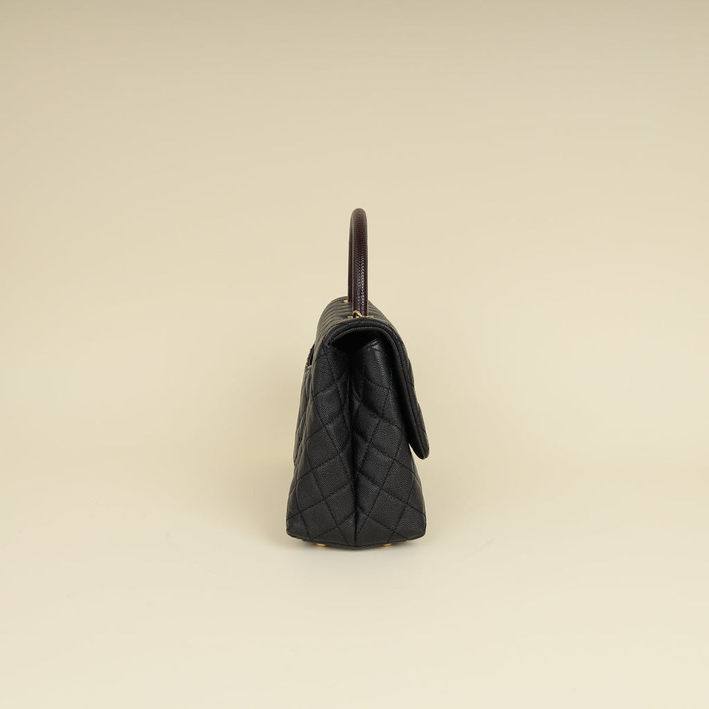 Chanel Black CC Coco Handle Caviar Bag with Lizard Handle