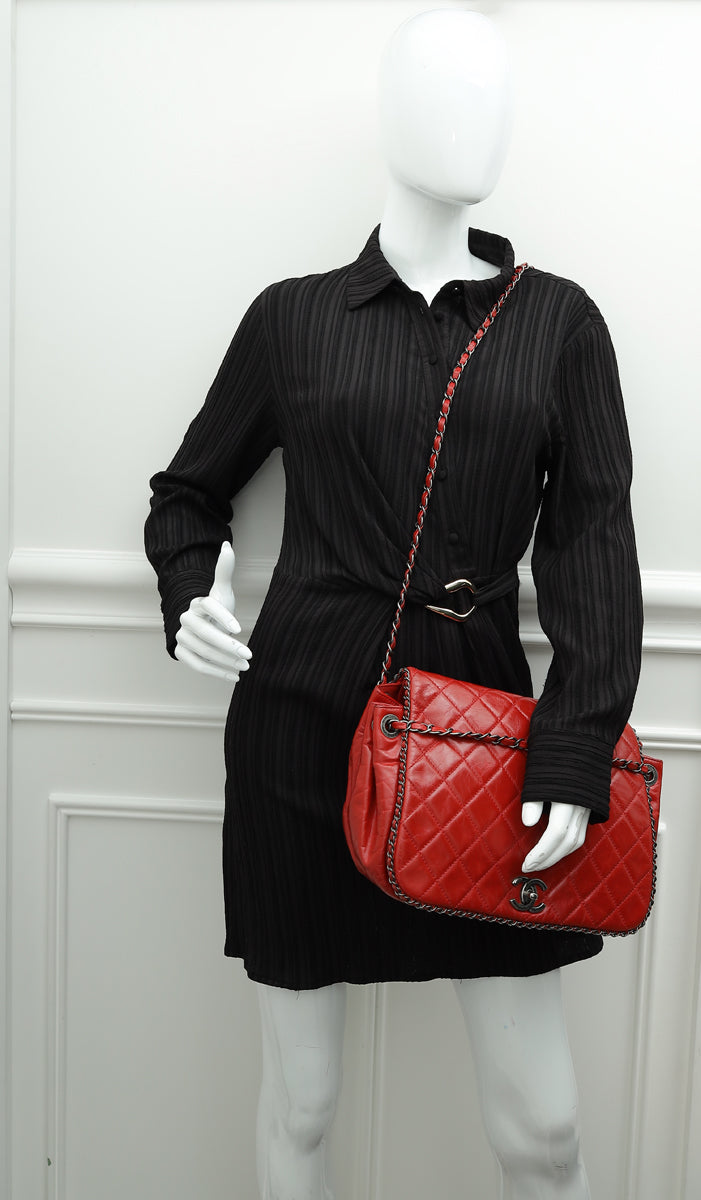 Chanel Red CC Enchained Accordion Flap Quilted Bag