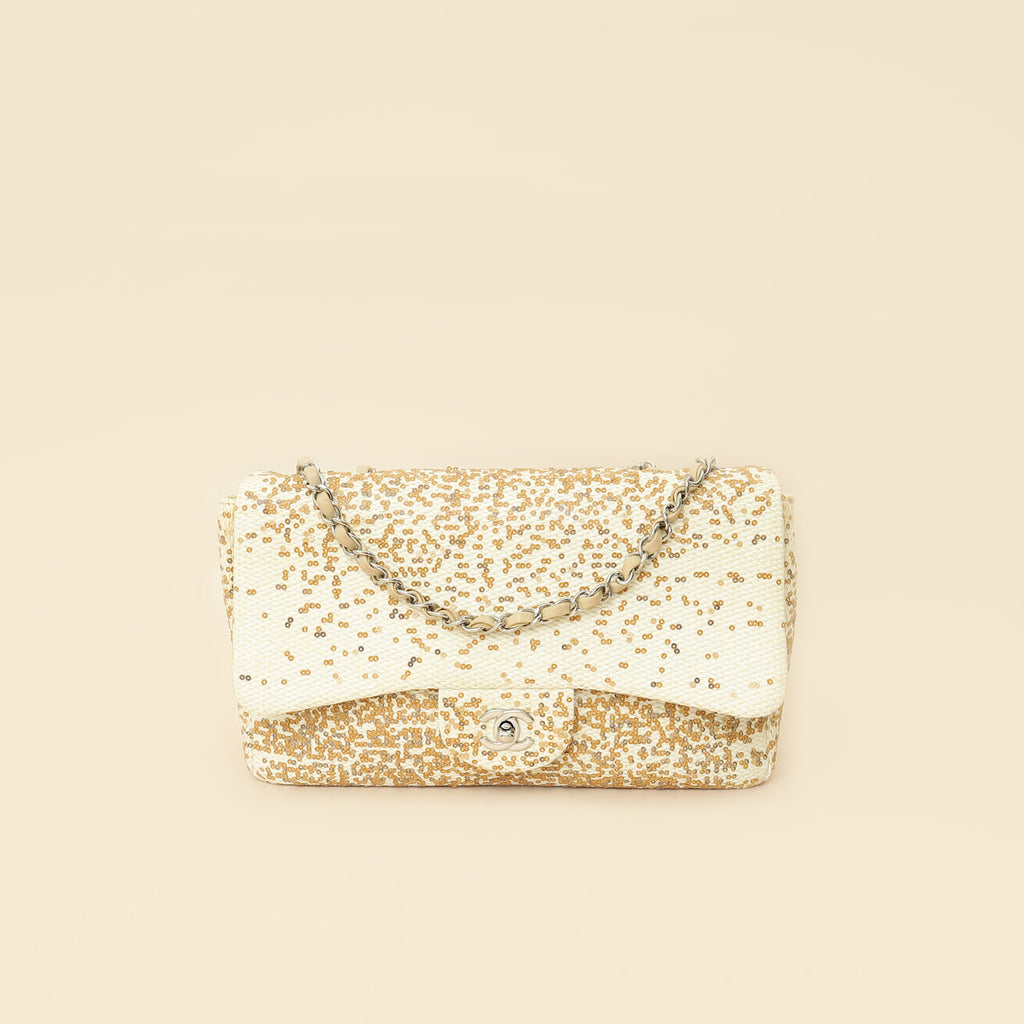 Chanel Bicolor Raffia Sequins Single Flap Jumbo Bag