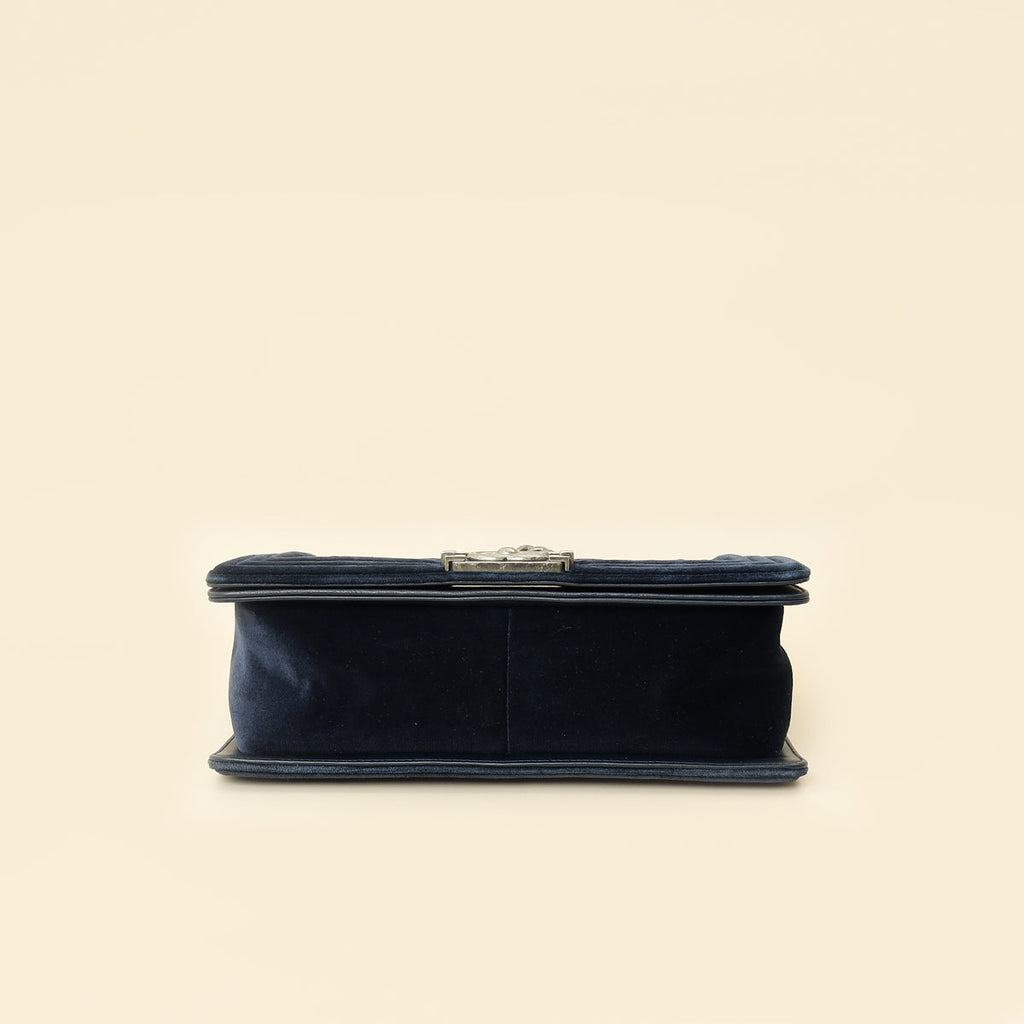 Chanel Navy Blue Velvet Stitched Boy Medium Flap Bag