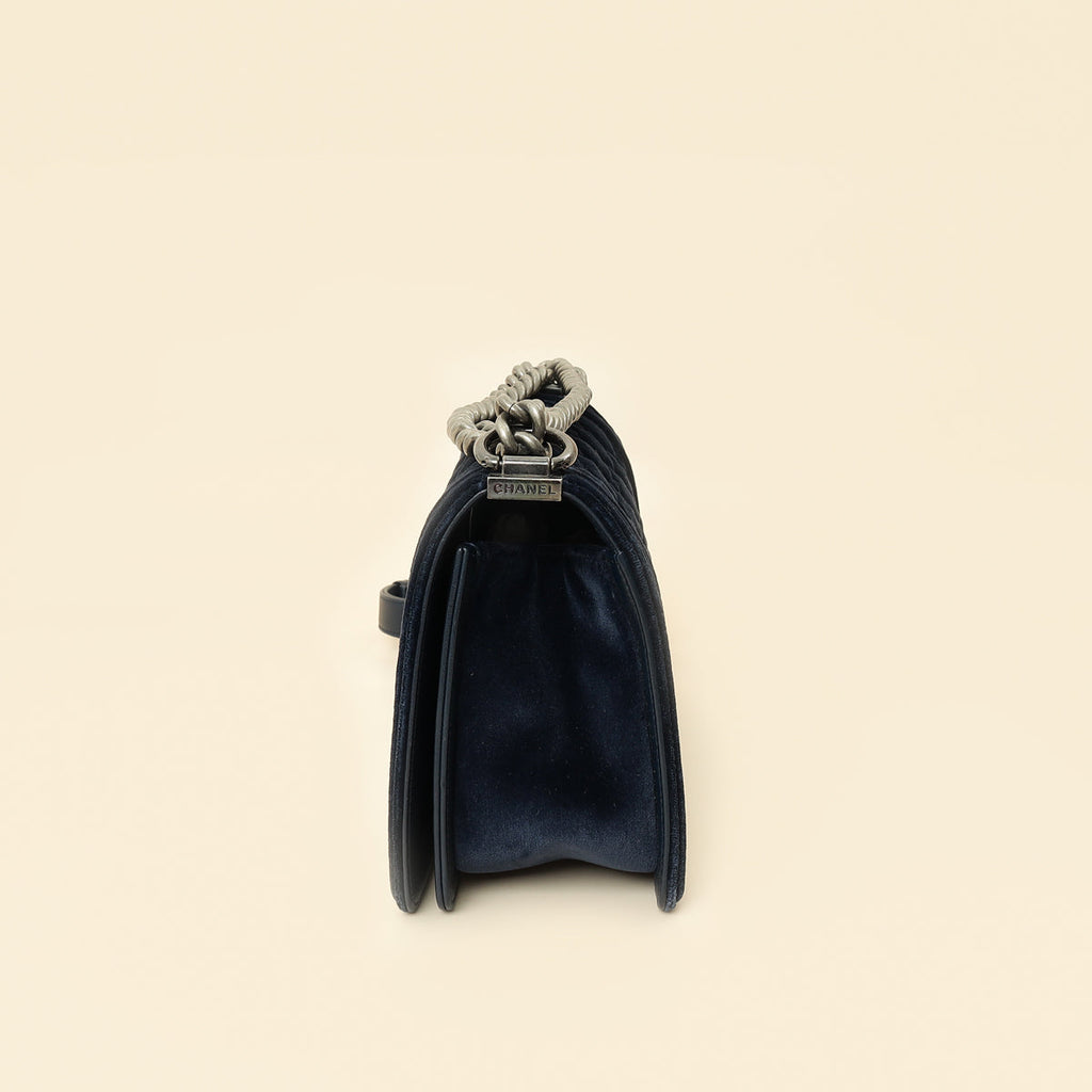 Chanel Navy Blue Velvet Stitched Boy Medium Flap Bag