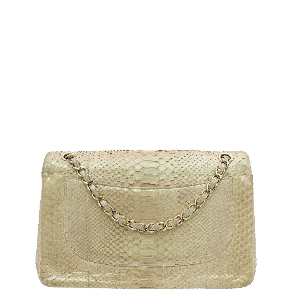 Chanel Pearl Beige Python CC Classic Double Flap Jumbo Bag