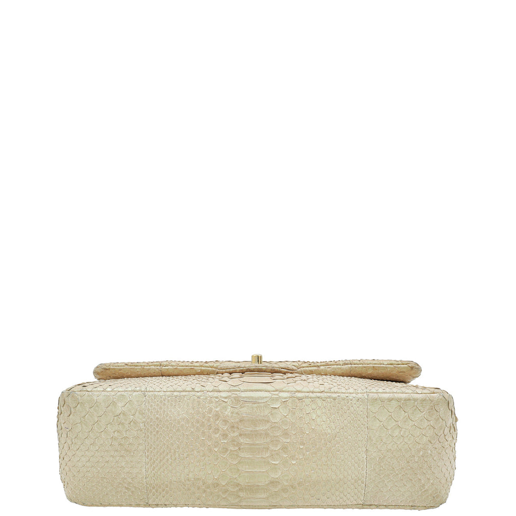 Chanel Pearl Beige Python CC Classic Double Flap Jumbo Bag