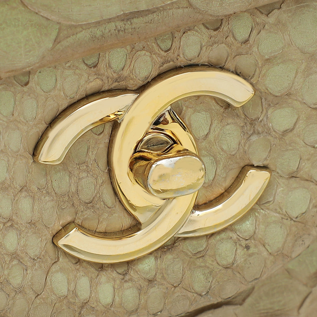 Chanel Pearl Beige Python CC Classic Double Flap Jumbo Bag