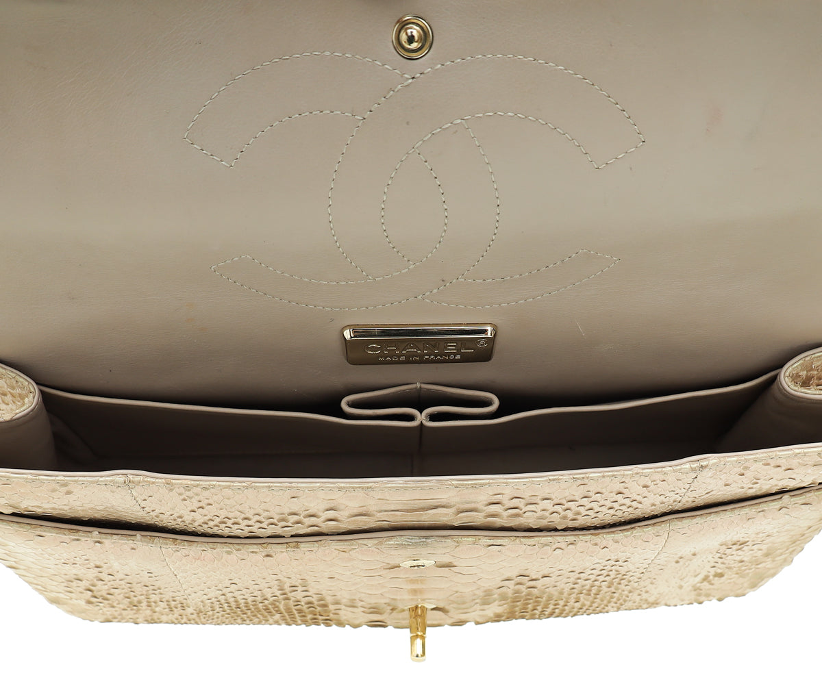 Chanel Pearl Beige Python CC Classic Double Flap Jumbo Bag