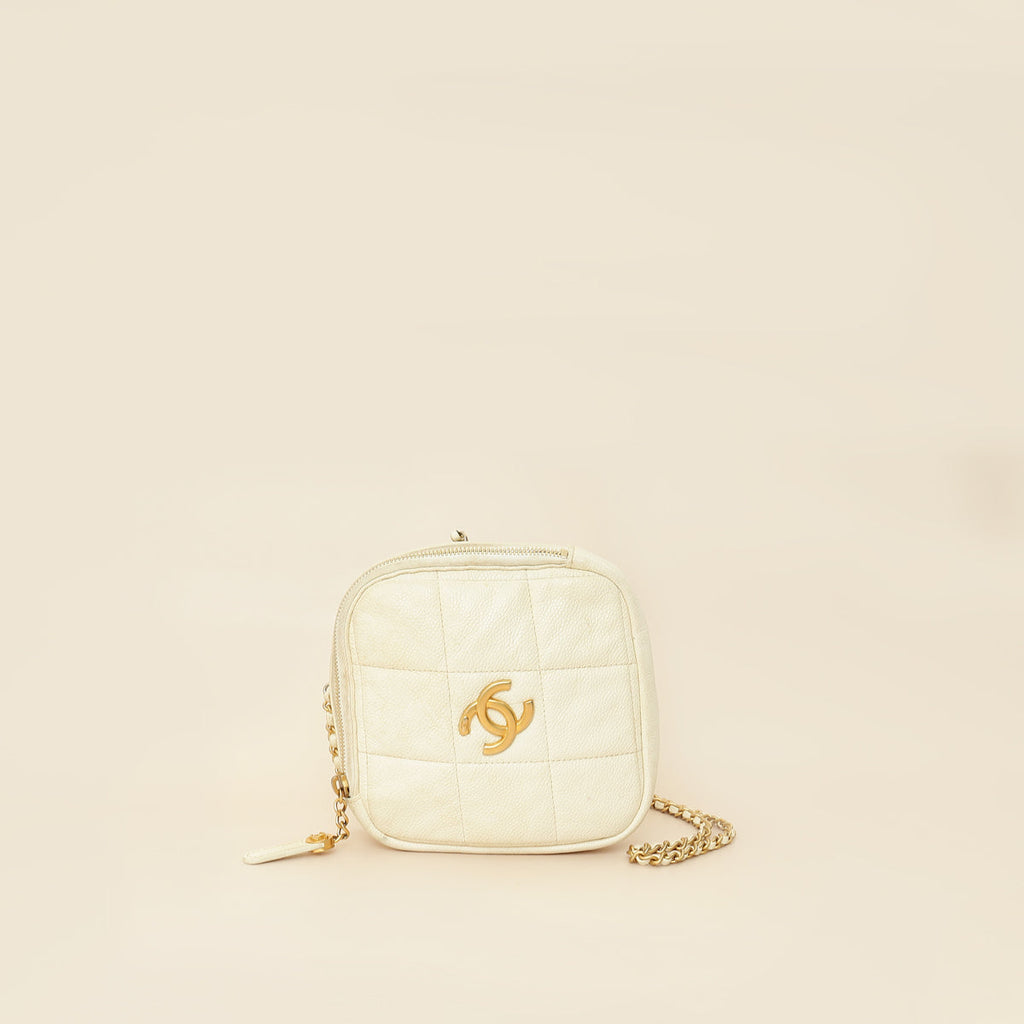Chanel White CC Diamond Clutch W/ Chain