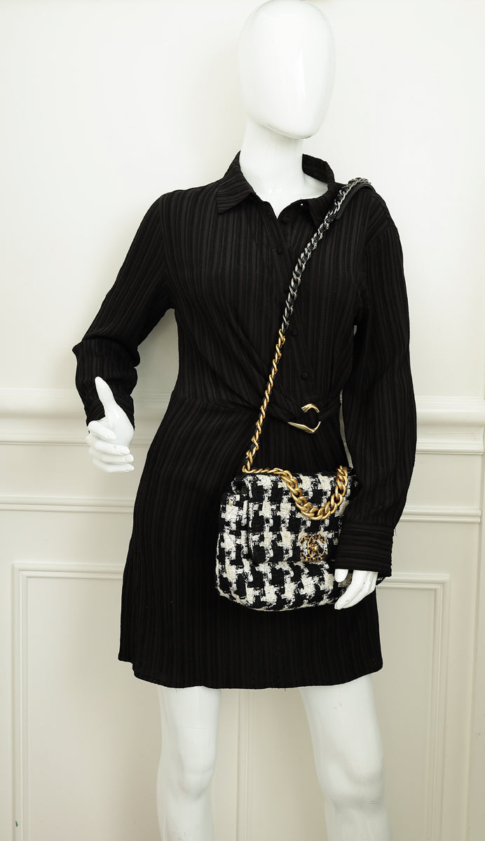 Chanel Bicolor Tweed Ribbon Houndstooth Chanel 19 Small Bag