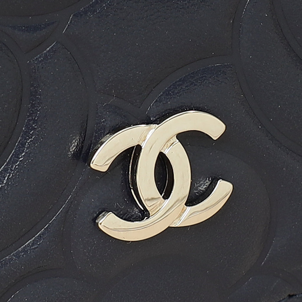 Chanel Navy Blue CC Camellia Flower Embossed Wallet On Chain