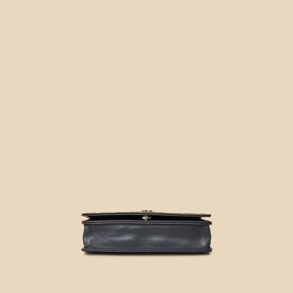 Chanel Navy Blue CC Camellia Flower Embossed Wallet On Chain