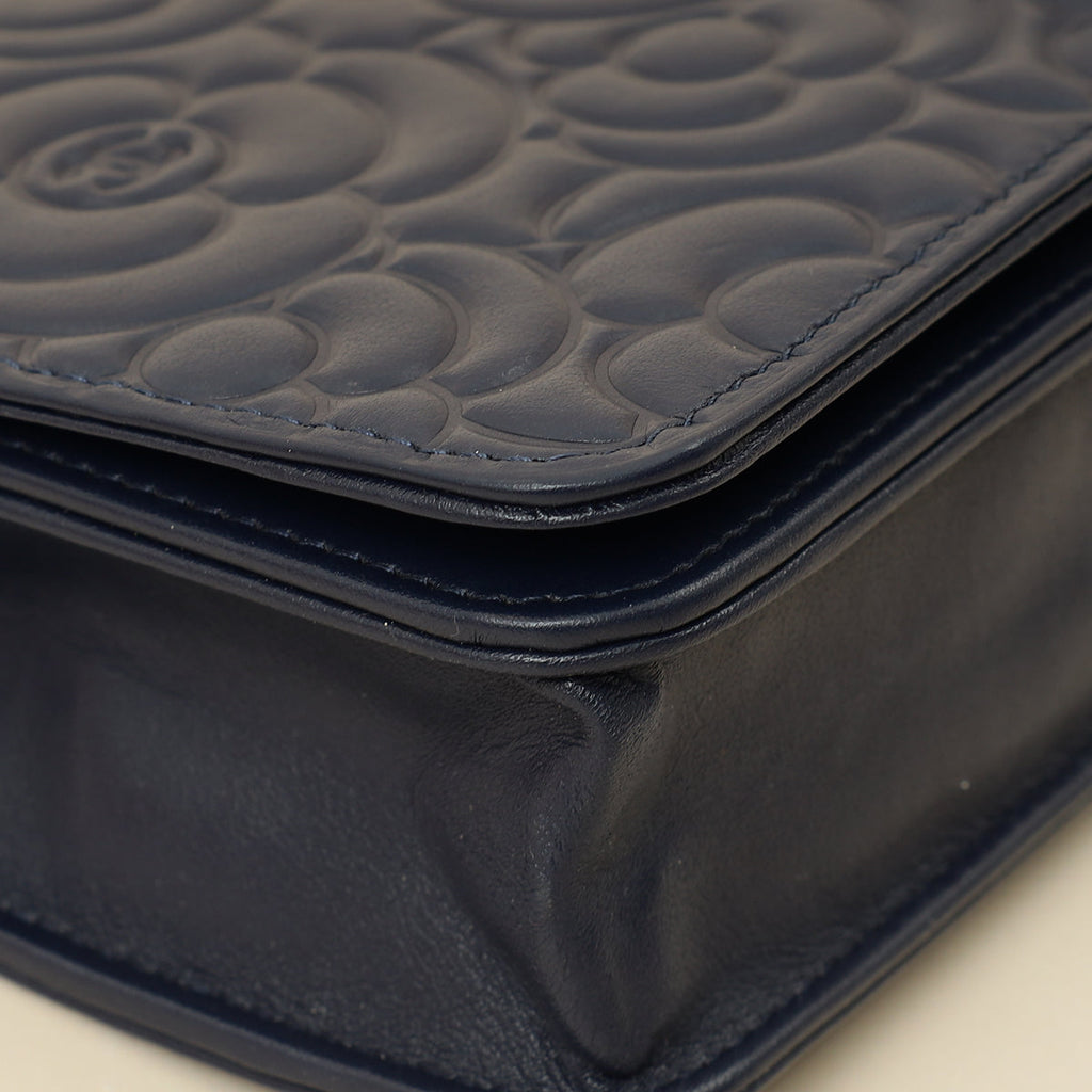 Chanel Navy Blue CC Camellia Flower Embossed Wallet On Chain