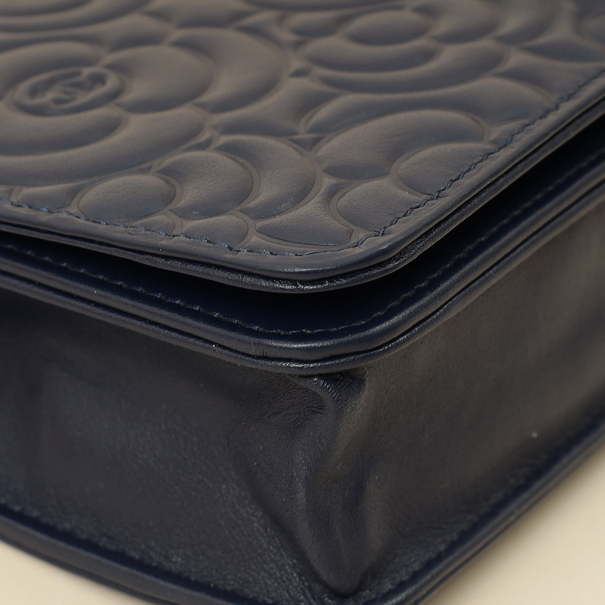 Chanel Navy Blue CC Camellia Flower Embossed Wallet On Chain
