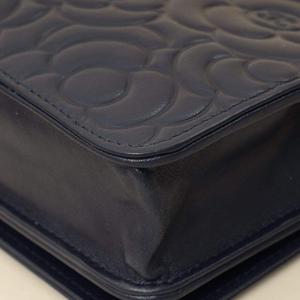 Chanel Navy Blue CC Camellia Flower Embossed Wallet On Chain