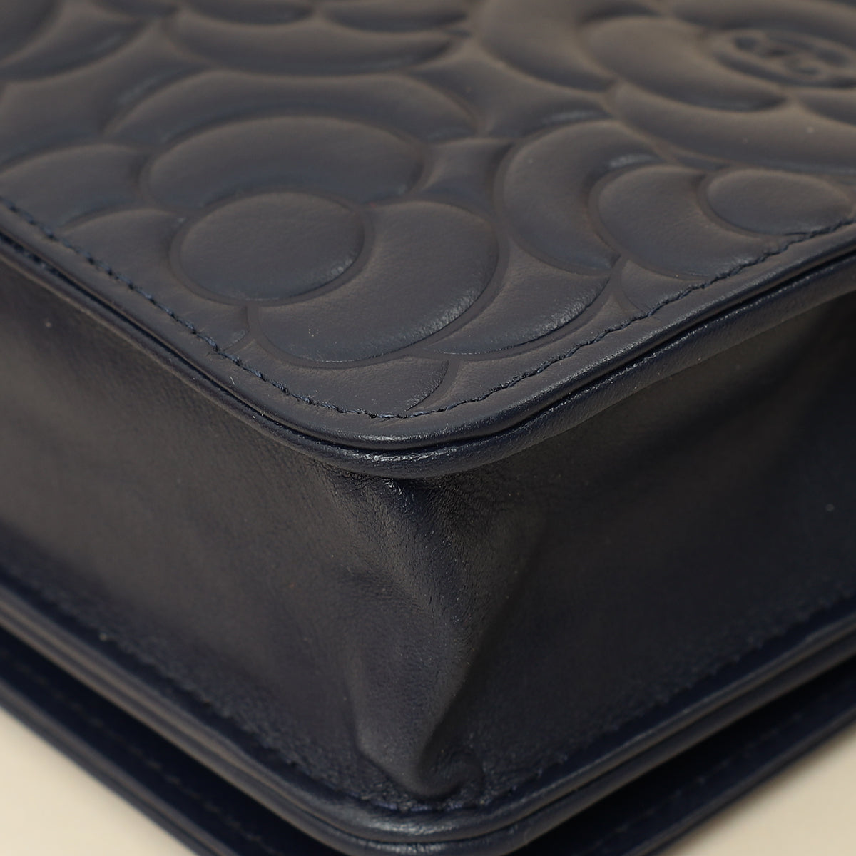 Chanel Navy Blue CC Camellia Flower Embossed Wallet On Chain