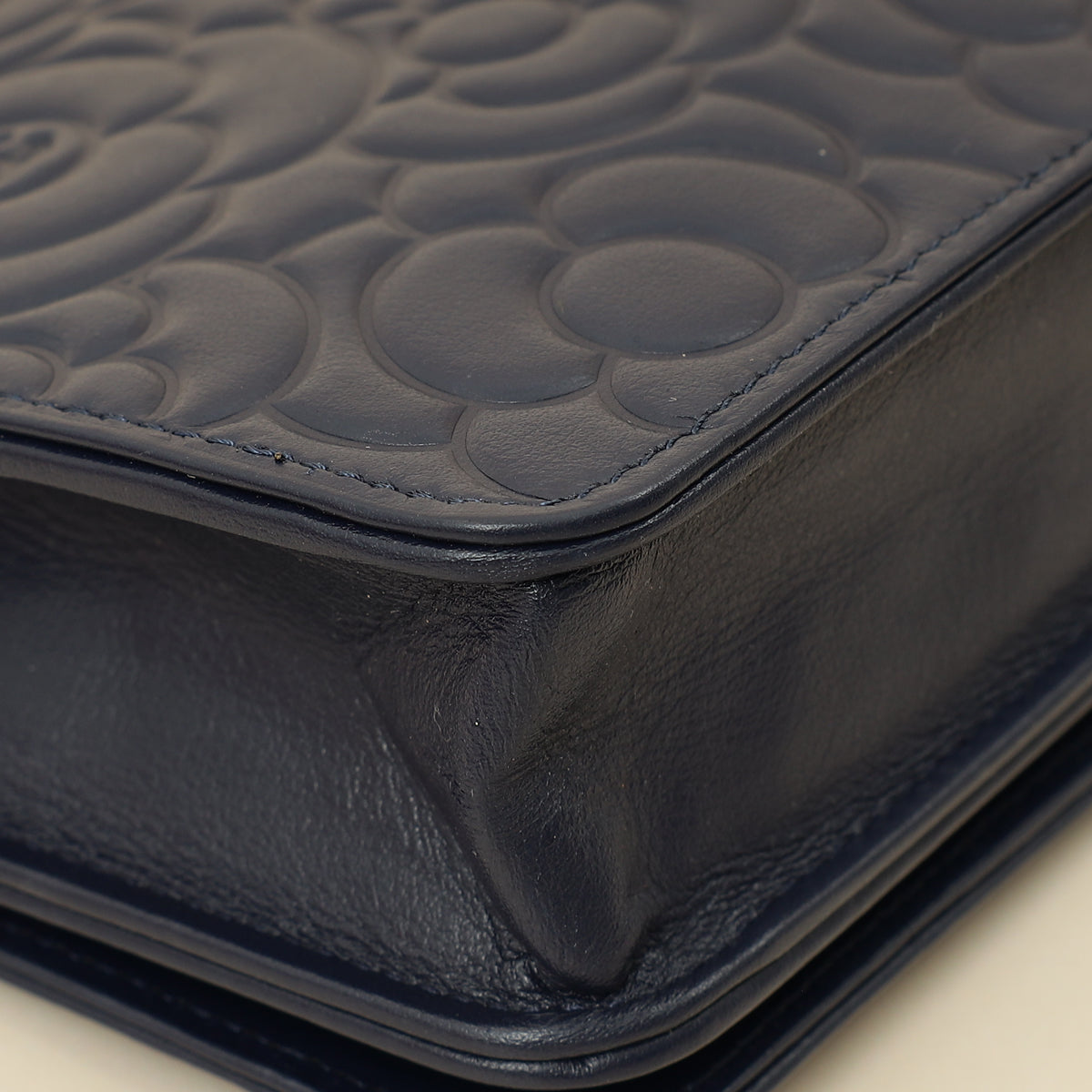Chanel Navy Blue CC Camellia Flower Embossed Wallet On Chain