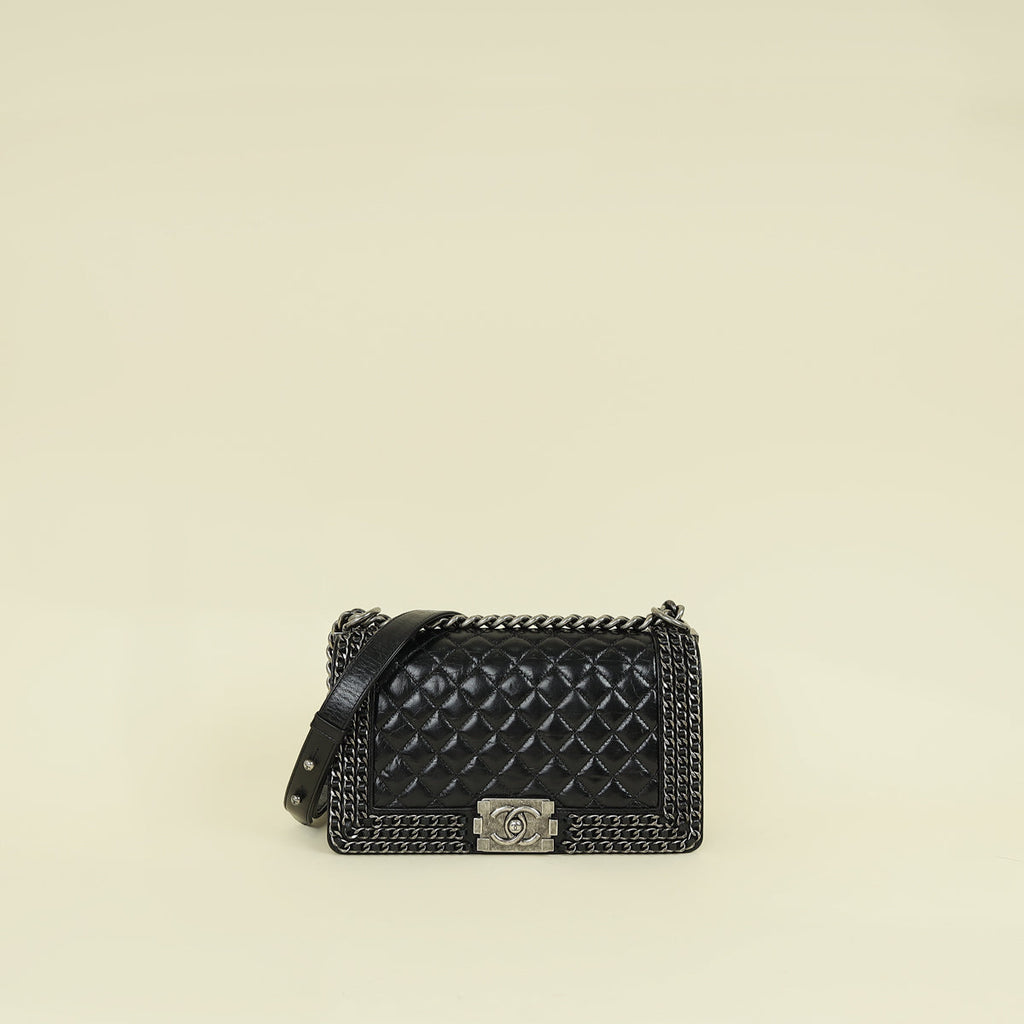 Chanel Black Chained Le Boy Flap Medium Shoulder Bag