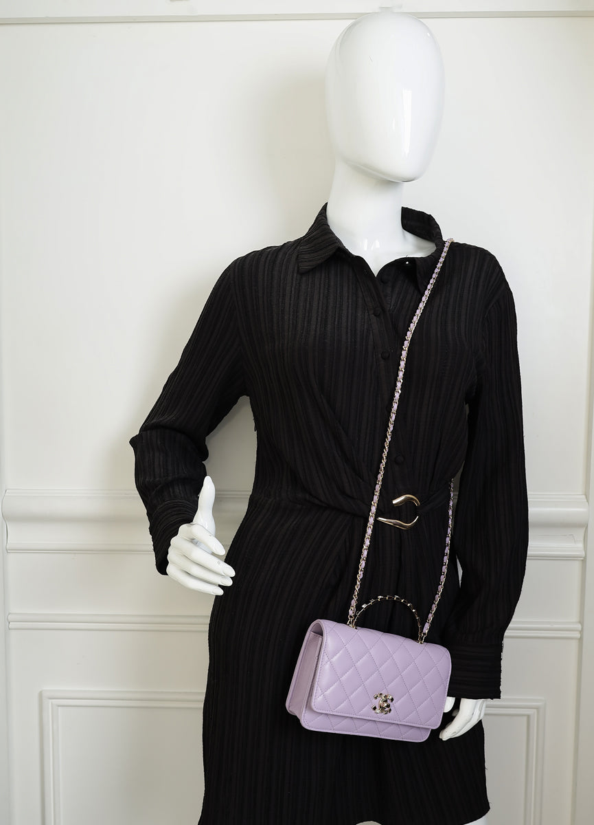 Chanel Purple CC Crystal Logo Top Handle Wallet On Chain