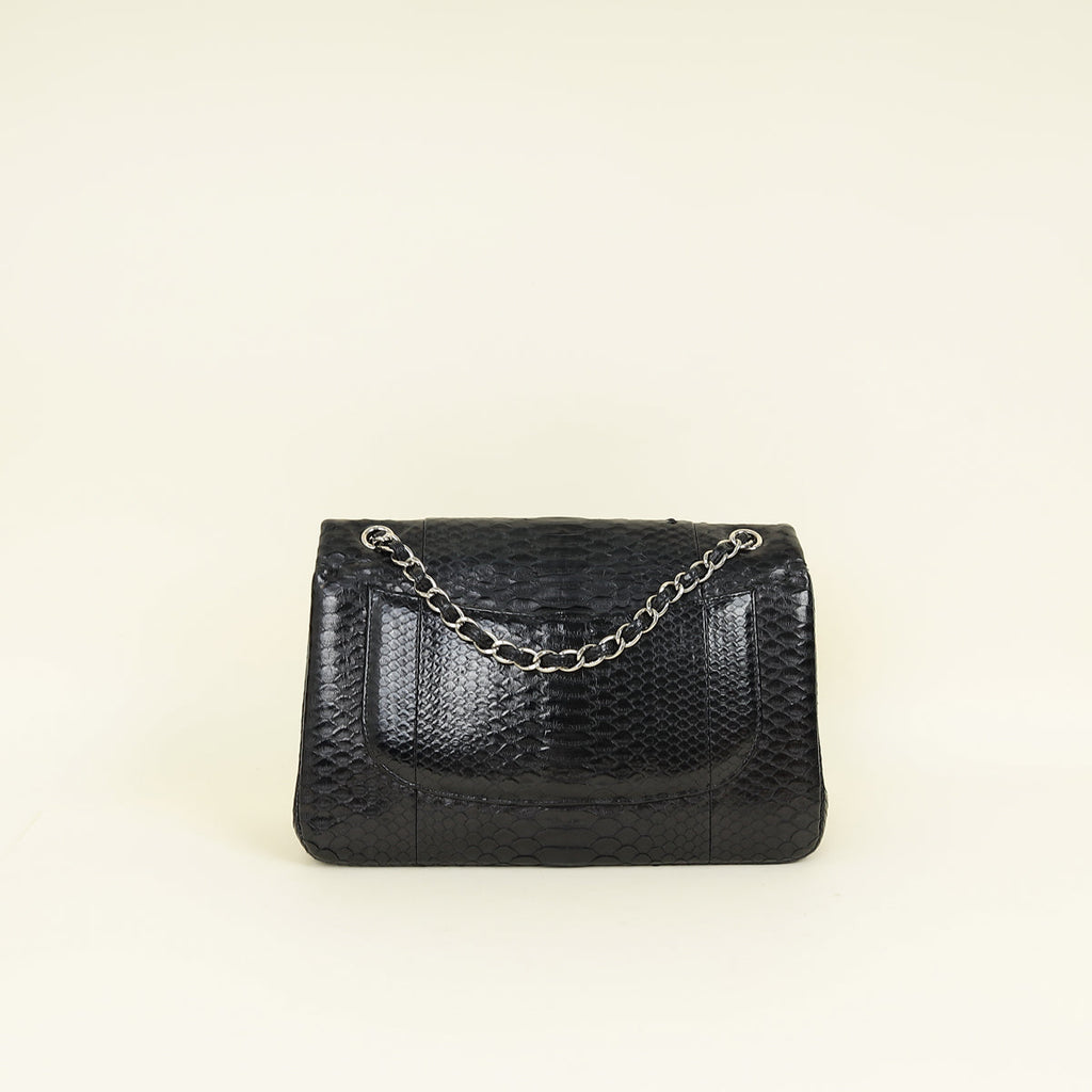 Chanel Black CC Classic Python Double Flap Jumbo Bag